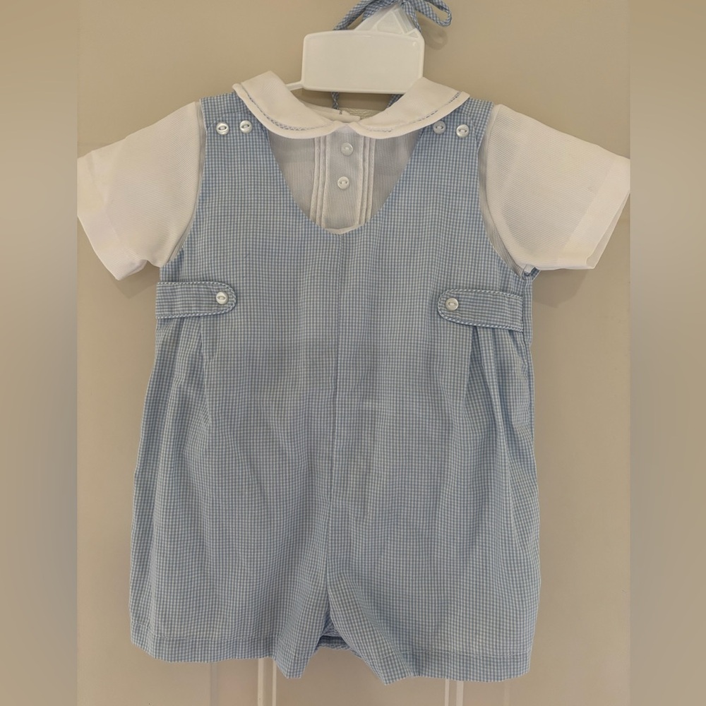 Petit Ami Blue and White Collared Baby Romper with hat 6m